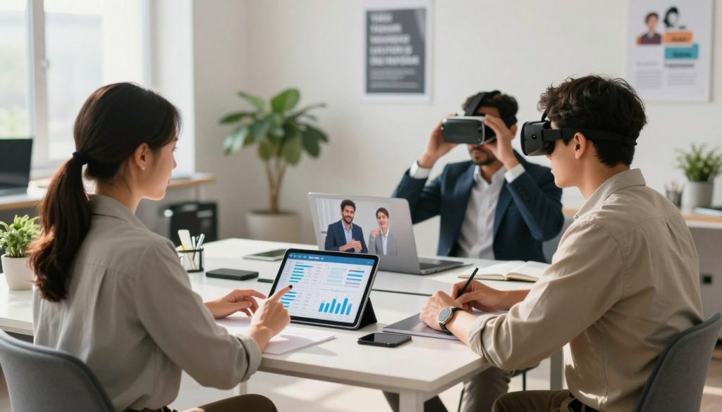 A modern workspace featuring a diverse group of three professionals engaged in self-coaching through technology. In the foreground, a woman in smart casual attire is sitting at a sleek desk, attentively interacting with a tablet displaying coaching progress graphs. Next to her, a man in a business suit is using augmented reality glasses to visualize goals in an interactive 3D format. In the middle ground, a laptop showcases a video coaching session, with inspirational images on the screen. The background is a bright, light-filled office with motivational posters and indoor plants, creating an atmosphere of productivity and innovation. Soft, natural lighting enhances the scene, casting gentle shadows, while a wide-angle perspective captures the energy and focus of the individuals, embodying the concept of leveraging technology for effective self-coaching. A modern workspace featuring a diverse group of three professionals engaged in self-coaching through technology. In the foreground, a woman in smart casual attire is sitting at a sleek desk, attentively interacting with a tablet displaying coaching progress graphs. Next to her, a man in a business suit is using augmented reality glasses to visualize goals in an interactive 3D format. In the middle ground, a laptop showcases a video coaching session, with inspirational images on the screen. The background is a bright, light-filled office with motivational posters and indoor plants, creating an atmosphere of productivity and innovation. Soft, natural lighting enhances the scene, casting gentle shadows, while a wide-angle perspective captures the energy and focus of the individuals, embodying the concept of leveraging technology for effective self-coaching.