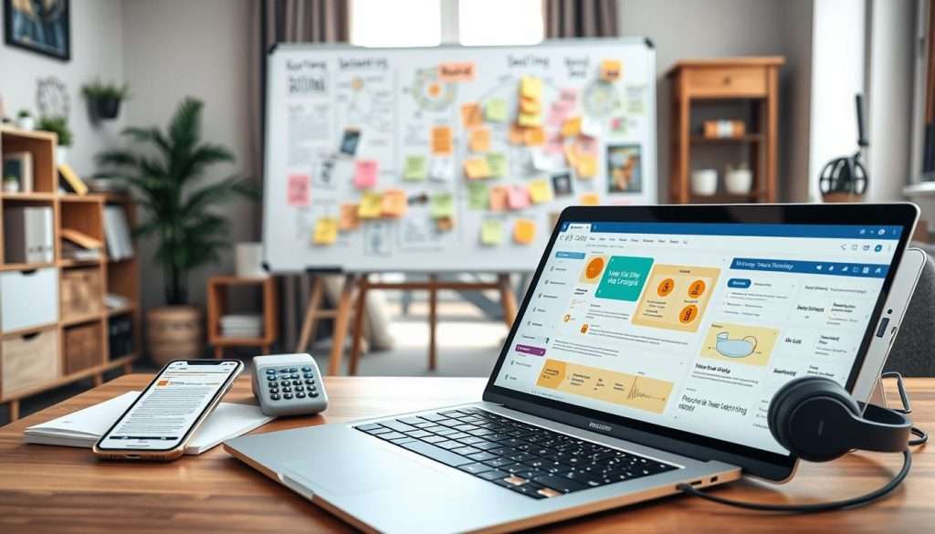 A modern workspace showcasing various digital tools for memory enhancement. In the foreground, a sleek laptop displays an open note-taking app filled with colorful text and diagrams. Surrounding the laptop are a smartphone with productivity apps, a tablet showing digital flashcards, and high-tech headphones for auditory learning. In the middle layer, a whiteboard filled with mind maps and sticky notes complements the scene, illustrating the connection between traditional note-taking and digital tools. The background features a cozy office space with soft natural lighting coming through a window, creating an inviting atmosphere. The mood is focused and innovative, evoking a sense of productivity and creativity. Capture this from a slightly elevated angle to provide a clear view of the tools while maintaining a professional aesthetic.