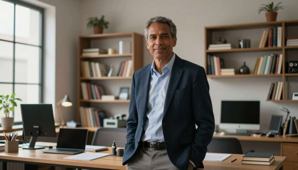 A multidisciplinary expert stands confidently in an elegantly designed office space, surrounded by an array of books and digital devices representing various fields of knowledge. In the foreground, the expert, a middle-aged individual of diverse descent, wears professional business attire, with a subtle smile that conveys warmth and intelligence. In the middle ground, shelves filled with books, scientific instruments, and art supplies exhibit the breadth of their expertise. The background features a large window that lets in soft, natural light, casting gentle shadows across the room. The angle captures the expert from a slightly low perspective, empowering their stature and inviting viewers to explore the concept of versatility in learning. The atmosphere is inspiring and intellectually stimulating, encouraging a sense of curiosity and ambition.
