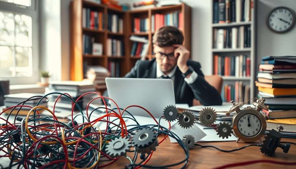 A person in professional business attire sits at a cluttered wooden desk, their face reflecting frustration as they stare at a laptop, papers scattered around with various learning materials. In the foreground, a tangled mass of colorful wires represents resistance, with each wire leading to different distractions like a smartphone, coffee cup, and clock. In the middle ground, faint silhouettes of gears turning symbolize cognitive processes working against one another, while a light shines from a nearby window, casting a soft glow that enhances the mood of struggle. The background features a blurred bookshelf filled with self-help books, symbolizing the pursuit of knowledge. The atmosphere conveys a sense of tension and reflection, capturing the essence of cognitive resistance in the learning process.