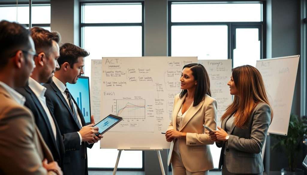 A professional business setting showcasing the "Act" phase of the Deming-Shewhart cycle. In the foreground, a diverse group of four professionals in business attire – two men and two women of different ethnicities – are engaged in a discussion, analyzing data displayed on a tablet and a chart on a large screen. In the middle ground, whiteboards filled with diagrams and improvement strategies are visible, illustrating a structured approach to standardizing processes. The background features a sleek modern office environment with large windows letting in soft natural light, creating a warm and focused atmosphere. The scene captures a sense of collaboration and innovation, highlighting the importance of scaling improvements in a process excellence journey.