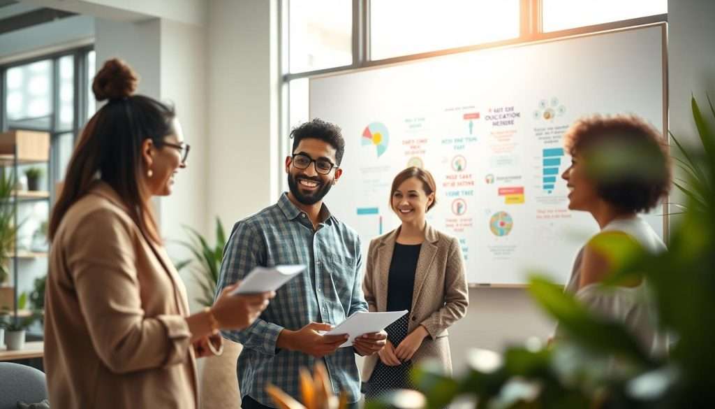 A serene and inspiring workplace setting showcasing a diverse group of professionals engaged in a motivational brainstorming session. In the foreground, two individuals are animatedly discussing ideas, one gesturing enthusiastically with a notepad in hand. In the middle ground, a whiteboard filled with colorful charts and motivational quotes illuminates the scene, highlighting the connection between mental health and motivation. The background features large windows that let in soft, natural daylight, casting a warm glow throughout the space. The atmosphere is uplifting and collaborative, with plants and calming colors enhancing the sense of well-being. The image should have a shallow depth of field, focusing on the engaged individuals while softly blurring the background, capturing the essence of positivity and the importance of mental health.