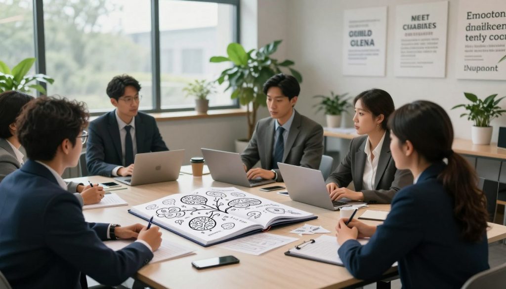 A serene and modern workspace illustrating the concept of metacognition and emotional intelligence. In the foreground, a diverse group of professionals in business attire is engaged in a collaborative discussion around a large table, brainstorming and sharing ideas. In the middle ground, an open notebook with detailed mind maps and diagrams symbolizes self-awareness and reflective thinking. In the background, large windows let in soft, natural light that creates a warm and inviting atmosphere. The setting includes green plants and motivational quotes on the walls, enhancing the mood of growth and learning. The overall color palette is calming, with blues and greens predominating, promoting a sense of focus and clarity. The angle captures the richness of the environment, inviting viewers into a space of advanced cognitive engagement.