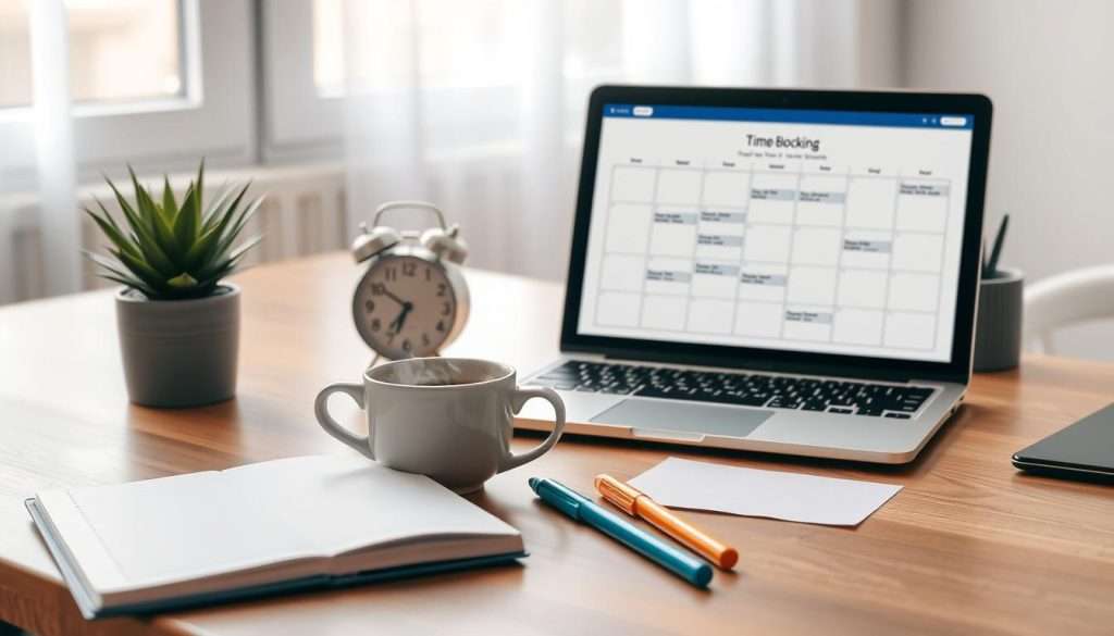 A serene and organized workspace featuring a wooden desk with a sleek laptop open, displaying a structured time-blocking schedule on the screen. In the foreground, a stylish planner and colorful pens are arranged neatly alongside a steaming cup of coffee, suggesting a productive atmosphere. In the middle, a potted plant adds a touch of greenery, while an alarm clock with a minimalist design subtly indicates the importance of time management. The background features soft natural lighting pouring in from a window, highlighting the calm and focused ambiance. The overall mood is one of tranquility and purpose, ideal for high achievers seeking to optimize their study sessions. The scene is devoid of any people but hints at a professional environment through the arrangement of the objects.