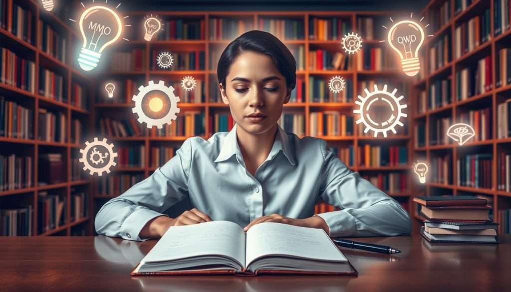 A serene, focused individual in professional attire sitting at a sleek wooden desk, surrounded by floating luminous memory symbols like light bulbs, gears, and books. The foreground features an open notebook with handwritten notes, a pen resting beside it. In the middle, the person's calm expression signifies concentration and confidence, as a soft glow emanates from their head, symbolizing enhanced cognitive ability. The background showcases a softly lit library with shelves full of colorful books, hinting at a wealth of knowledge. The atmosphere is inspirational and uplifting, with warm lighting creating an inviting ambiance. The composition uses a medium shot to capture the subject's determination while emphasizing memory improvement's potential.
