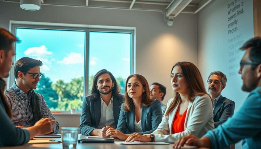 A serene, glowing workspace reflecting the concept of cognitive reframing. In the foreground, a diverse group of professionals, dressed in smart casual attire, are deeply engaged in a dynamic brainstorming session, with one person actively sharing ideas. Their expressions are focused yet animated, capturing a moment of insight. The middle layer features a large window showing a bright sky and lush greenery outside, symbolizing freshness and new perspectives. In the background, a motivational quote (not visible) is artistically integrated into the wall design, adding to the atmosphere. Soft, natural lighting illuminates the scene, creating a warm and inviting mood. The lens captures a slightly wide angle, emphasizing collaboration and positivity, while maintaining a clean, organized aesthetic.