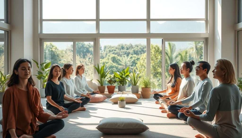 A serene indoor environment dedicated to mindfulness meditation. In the foreground, a diverse group of individuals seated in a circle, dressed in modest casual clothing, with peaceful expressions as they meditate. Soft, natural light filters through large windows, casting gentle shadows that enhance the calm atmosphere. In the middle ground, a subtle arrangement of potted plants and cushions creates a cozy, inviting setting. The background showcases a tranquil nature scene visible through the windows—lush greenery, a clear sky, and distant mountains that evoke a sense of peace. The overall mood should be tranquil and uplifting, aiming to reflect focus, harmony, and cognitive enhancement through mindfulness practices, captured with a soft focus effect to reinforce a sense of calm.