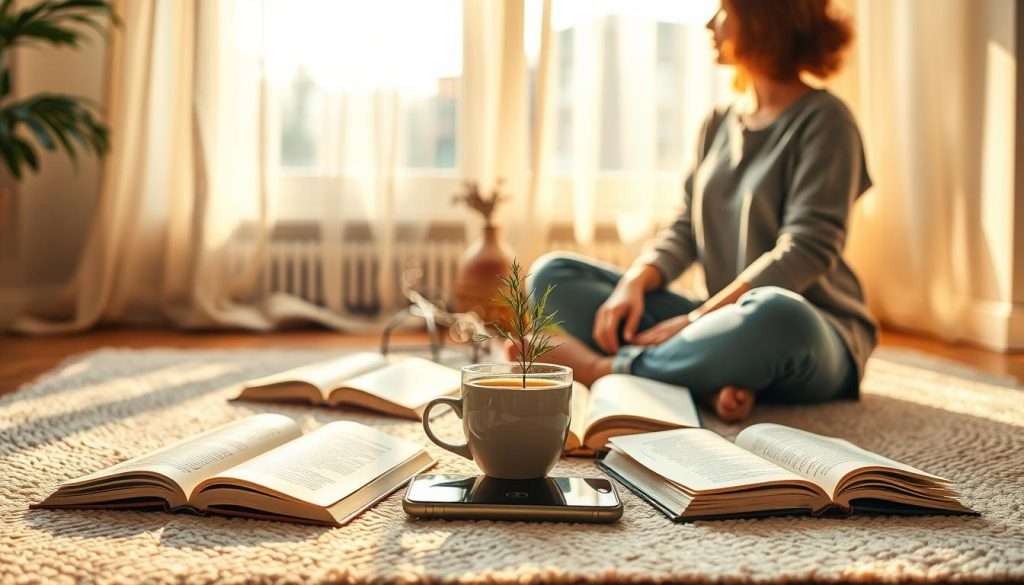A serene indoor environment showcasing a cozy, sunlit room designed for relaxation and digital detox. In the foreground, a person in casual attire sits cross-legged on a soft rug, surrounded by open books and a steaming cup of herbal tea, reflecting tranquility. In the middle, a small indoor plant adds a touch of nature, and a smartphone rests face down, symbolizing the act of disconnecting from technology. The background features a window with soft, flowing curtains that let in warm, golden light, creating a peaceful atmosphere. The overall mood conveys rejuvenation and mindfulness, emphasizing the importance of taking a break from digital distractions to enhance mental clarity and well-being.