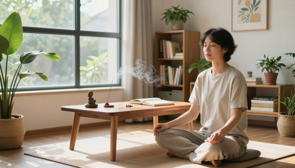 A serene indoor space with soft, natural lighting streaming through a large window, showcasing a calm atmosphere. In the foreground, a person in modest casual attire sits cross-legged on a comfortable mat, eyes closed in meditation, surrounded by potted plants that enhance the peaceful vibe. In the middle ground, a wooden table displays mindfulness tools like a journal, a small statue, and a burning incense stick, while a gentle breeze causes the leaves to sway slightly. The background features a cozy bookshelf filled with self-help books and a light-colored wall adorned with calming artwork. The overall mood conveys tranquility and focus, inviting the viewer to embrace mindfulness practices for enhanced concentration. A serene indoor space with soft, natural lighting streaming through a large window, showcasing a calm atmosphere. In the foreground, a person in modest casual attire sits cross-legged on a comfortable mat, eyes closed in meditation, surrounded by potted plants that enhance the peaceful vibe. In the middle ground, a wooden table displays mindfulness tools like a journal, a small statue, and a burning incense stick, while a gentle breeze causes the leaves to sway slightly. The background features a cozy bookshelf filled with self-help books and a light-colored wall adorned with calming artwork. The overall mood conveys tranquility and focus, inviting the viewer to embrace mindfulness practices for enhanced concentration.
