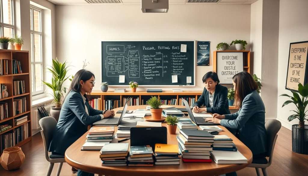 A serene learning environment featuring a cozy classroom setting. In the foreground, a diverse group of three students, dressed in professional business attire, are engaged in discussion around a large, oval table cluttered with books and laptops. The middle background showcases a chalkboard filled with diagrams and notes, surrounded by shelves filled with educational materials and plants, adding a touch of green. The lighting is warm and inviting, coming from large windows that allow natural light to flood in, creating a positive atmosphere. In the background, soft-focus images of a quiet library space and a motivational poster can be seen, emphasizing the theme of overcoming obstacles in learning. The overall mood is hopeful and encouraging, inspiring a sense of collaboration and growth.