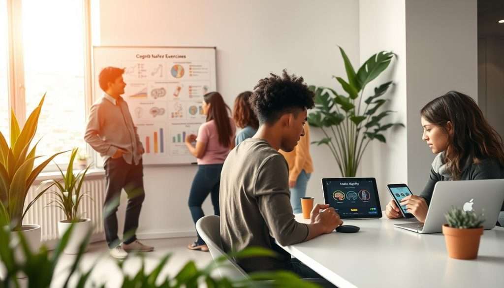 A serene, modern office space in the foreground, featuring a diverse group of individuals engaged in various cognitive enhancement techniques. One person stands confidently at a whiteboard filled with colorful diagrams, illustrating brain exercises and learning strategies. Another individual is seated at a sleek desk, focused on a tablet displaying mental agility games. In the background, plants add a touch of nature, and a large window lets in soft, natural light, creating a calm atmosphere. The scene captures a blend of collaboration and introspection, suggestive of creativity and focused learning. The lighting is bright yet warm, enhancing the inviting and inspiring mood. The composition is well-balanced, shot from a slightly elevated angle to showcase both individual and group dynamics in the context of skill enhancement.