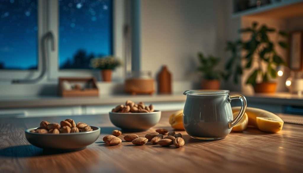 A serene nighttime kitchen scene focusing on nutrition for sleep. In the foreground, a clean wooden table displays a cozy arrangement of sleep-friendly foods: a bowl of almonds, a small pitcher of warm chamomile tea, and sliced bananas. The middle ground features soft, ambient lighting casting gentle shadows, enhancing the peaceful atmosphere. In the background, a window reveals a starry sky, suggesting a tranquil night. A plant in the corner adds a touch of nature. The composition should evoke calmness and readiness for rest. Use a soft focus lens to create a dreamy quality, emphasizing the inviting colors of the food. The mood should be warm and inviting, emphasizing tranquility and relaxation. A serene nighttime kitchen scene focusing on nutrition for sleep. In the foreground, a clean wooden table displays a cozy arrangement of sleep-friendly foods: a bowl of almonds, a small pitcher of warm chamomile tea, and sliced bananas. The middle ground features soft, ambient lighting casting gentle shadows, enhancing the peaceful atmosphere. In the background, a window reveals a starry sky, suggesting a tranquil night. A plant in the corner adds a touch of nature. The composition should evoke calmness and readiness for rest. Use a soft focus lens to create a dreamy quality, emphasizing the inviting colors of the food. The mood should be warm and inviting, emphasizing tranquility and relaxation.
