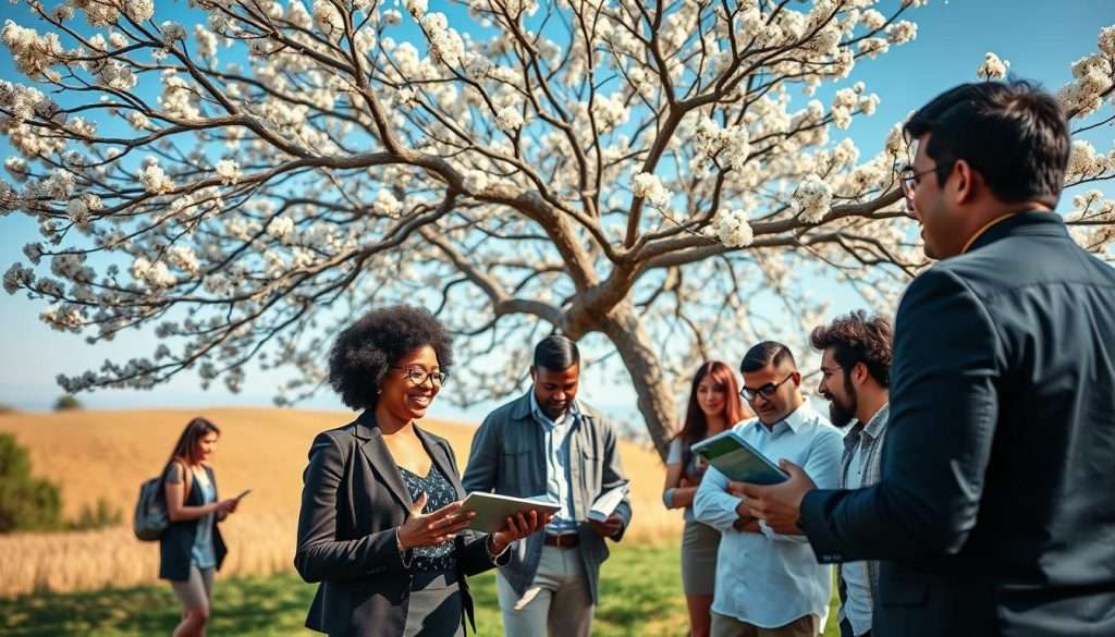 A serene outdoor scene depicting a diverse group of professionals engaged in a dynamic brainstorming session under a large, blossoming tree symbolizing growth. In the foreground, a middle-aged Black woman in smart casual attire enthusiastically shares an idea, while a young Hispanic man takes notes on a digital tablet. The middle ground shows a mix of people of varying ages and ethnicities, collaborating with charts and learning materials spread around. The background features a bright, sunlit landscape with a clear blue sky, conveying optimism and inspiration. Soft, warm lighting enhances the inviting atmosphere, while a slightly elevated angle captures the group's engagement from a fresh perspective. The mood is lively yet focused, embodying the concept of a growth mindset and the joy of lifelong learning. A serene outdoor scene depicting a diverse group of professionals engaged in a dynamic brainstorming session under a large, blossoming tree symbolizing growth. In the foreground, a middle-aged Black woman in smart casual attire enthusiastically shares an idea, while a young Hispanic man takes notes on a digital tablet. The middle ground shows a mix of people of varying ages and ethnicities, collaborating with charts and learning materials spread around. The background features a bright, sunlit landscape with a clear blue sky, conveying optimism and inspiration. Soft, warm lighting enhances the inviting atmosphere, while a slightly elevated angle captures the group's engagement from a fresh perspective. The mood is lively yet focused, embodying the concept of a growth mindset and the joy of lifelong learning.