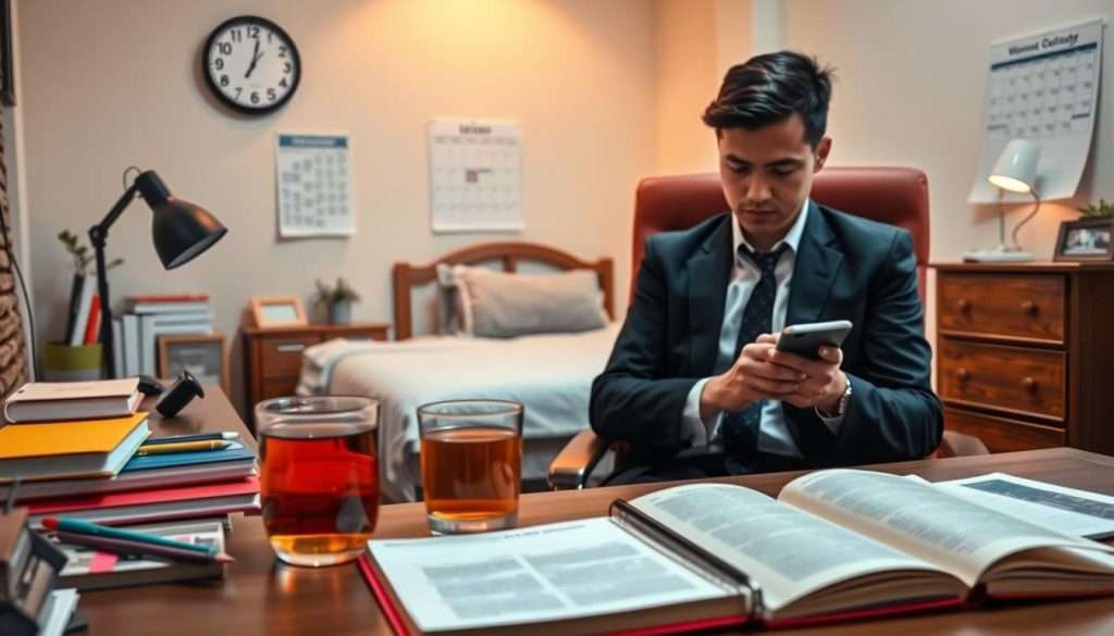 A serene study environment featuring a well-organized desk with an open notebook, colorful study materials, and a steaming cup of herbal tea. In the foreground, a focused student in professional business attire, sitting in a comfortable chair, is reviewing notes under warm, soft lighting. In the middle ground, a wall-mounted clock displays an optimal study time, while a wall calendar shows balanced study plans and sleep schedules. The background includes a cozy bedroom with a neatly made bed, diffusing a peaceful ambiance with soft, cool colors to reflect calmness. The scene captures an atmosphere of productivity and tranquility, promoting the harmony between effective study techniques and healthy sleep patterns. The angle is a slightly elevated perspective, providing a comprehensive view of both study and sleep elements harmoniously coexisting. A serene study environment featuring a well-organized desk with an open notebook, colorful study materials, and a steaming cup of herbal tea. In the foreground, a focused student in professional business attire, sitting in a comfortable chair, is reviewing notes under warm, soft lighting. In the middle ground, a wall-mounted clock displays an optimal study time, while a wall calendar shows balanced study plans and sleep schedules. The background includes a cozy bedroom with a neatly made bed, diffusing a peaceful ambiance with soft, cool colors to reflect calmness. The scene captures an atmosphere of productivity and tranquility, promoting the harmony between effective study techniques and healthy sleep patterns. The angle is a slightly elevated perspective, providing a comprehensive view of both study and sleep elements harmoniously coexisting.