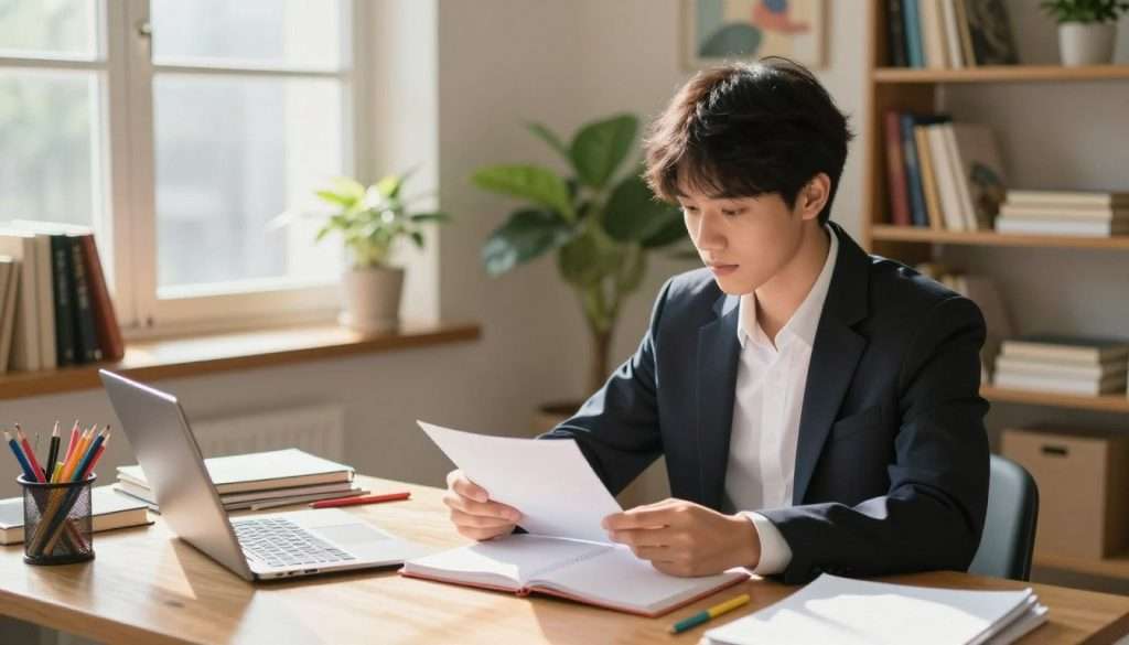 A serene study environment representing the theme of overcoming creative blocks. In the foreground, a young student in professional business attire sits at a wooden desk cluttered with open notebooks and colorful stationery, looking thoughtfully at a blank page. The middle ground features a bright window allowing warm, natural light to flood the room, casting soft shadows and creating an inviting atmosphere. Shelves filled with books and inspiring art are visible, symbolizing creativity and knowledge. In the background, a vibrant plant flourishes, symbolizing growth and new ideas. The overall mood is inspiring and uplifting, suggesting a breakthrough moment. The angle is a slightly elevated view, capturing both the student’s focused expression and the welcoming environment.