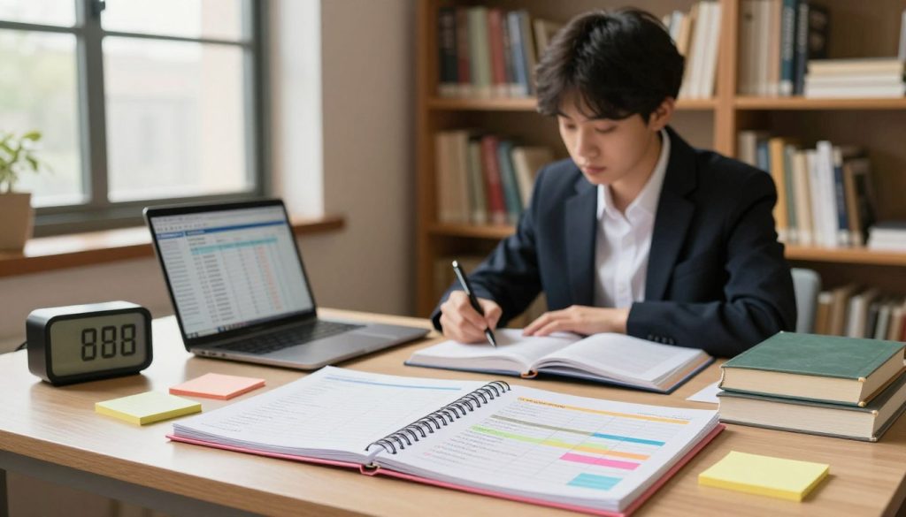 A serene study environment showcasing effective time management techniques for students. In the foreground, a neatly organized desk filled with colorful planners, sticky notes, and a digital clock, all symbolizing scheduling and task management. The middle ground features a focused student, dressed in professional business attire, studying intently, surrounded by textbooks and a laptop displaying a study timetable. The background presents a cozy library setting with shelves of books and a large window letting in warm, natural light, enhancing the atmosphere of productivity and focus. The overall mood is calm and inspiring, encouraging academic success through effective time management strategies. A serene study environment showcasing effective time management techniques for students. In the foreground, a neatly organized desk filled with colorful planners, sticky notes, and a digital clock, all symbolizing scheduling and task management. The middle ground features a focused student, dressed in professional business attire, studying intently, surrounded by textbooks and a laptop displaying a study timetable. The background presents a cozy library setting with shelves of books and a large window letting in warm, natural light, enhancing the atmosphere of productivity and focus. The overall mood is calm and inspiring, encouraging academic success through effective time management strategies.
