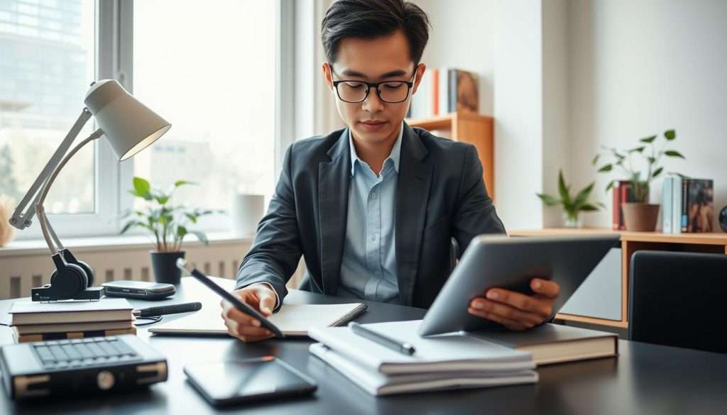 A serene study environment showcasing self-sustaining study habits. In the foreground, a focused student of Asian descent, wearing professional business attire, is absorbed in their work at a sleek desk cluttered with digital tools like a tablet, smart notebook, and ergonomic accessories. The middle ground features a cozy bookshelf filled with books on productivity and technology, complemented by a small thriving plant symbolizing growth. In the background, a large window allows soft, natural light to illuminate the scene, creating a warm and inviting atmosphere. The overall mood is tranquil and motivating, emphasizing an ideal blend of technology and traditional study methods for efficient self-learning. Capture the scene from an eye-level angle to engage the viewer directly. A serene study environment showcasing self-sustaining study habits. In the foreground, a focused student of Asian descent, wearing professional business attire, is absorbed in their work at a sleek desk cluttered with digital tools like a tablet, smart notebook, and ergonomic accessories. The middle ground features a cozy bookshelf filled with books on productivity and technology, complemented by a small thriving plant symbolizing growth. In the background, a large window allows soft, natural light to illuminate the scene, creating a warm and inviting atmosphere. The overall mood is tranquil and motivating, emphasizing an ideal blend of technology and traditional study methods for efficient self-learning. Capture the scene from an eye-level angle to engage the viewer directly.