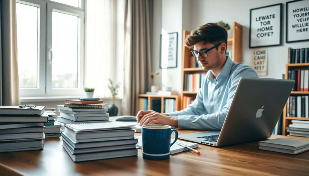 A serene study environment that embodies a consistent study routine. In the foreground, a well-organized wooden desk cluttered with neatly stacked books, a laptop, and a planner with highlighters, conveying productivity. A focused student, dressed in smart-casual attire, sits at the desk, typing intently with a look of concentration. In the middle ground, a large window lets in soft, natural light, creating a warm atmosphere. On the desk, a steaming cup of coffee signifies dedication and comfort. In the background, a tidy bookshelf filled with leaning books and motivational quotes framed on the wall enhances the theme of discipline. The overall mood is calm yet invigorating, capturing the essence of a bulletproof study routine under balanced and inviting lighting.