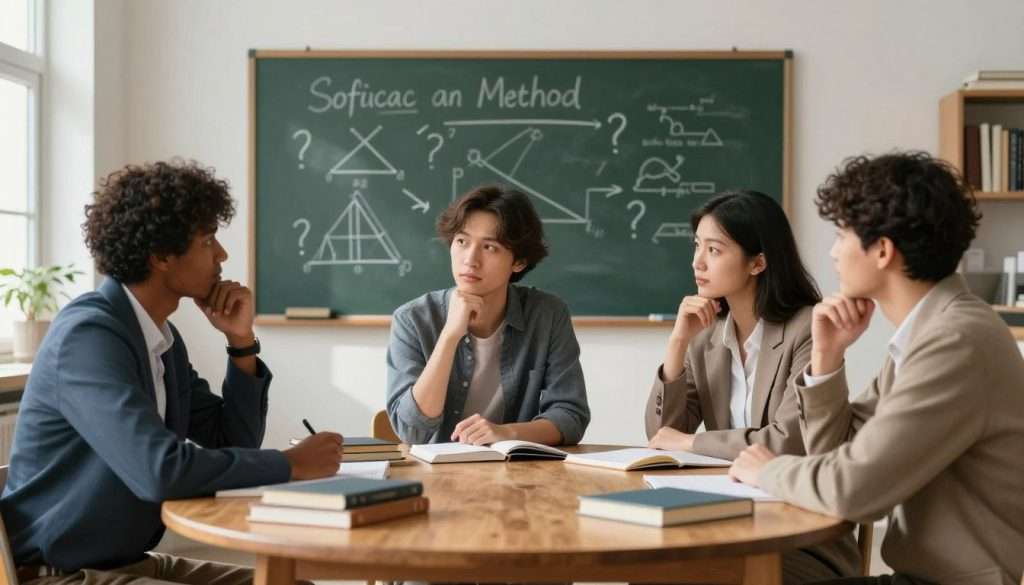 A serene study room depicting the Socratic Method in self-directed learning. In the foreground, a diverse group of three individuals—two men and one woman—are engaged in thoughtful discussion, seated at a circular wooden table stacked with books and notebooks. They are dressed in professional attire, showcasing a blend of modern and traditional styles. In the middle background, a chalkboard filled with questions and diagrams illustrates the process of inquiry and critical thinking. Soft, natural light streams through a window, casting gentle shadows and creating a warm atmosphere. The overall mood is focused and reflective, symbolizing a transformative learning environment driven by dialogue and curiosity.