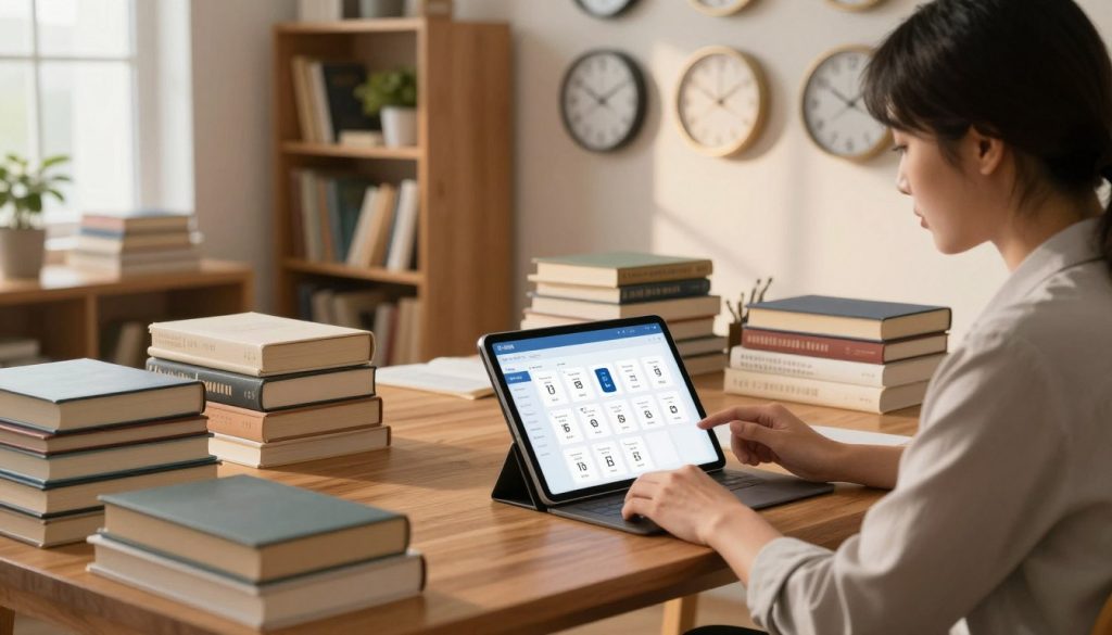 A serene study room filled with books piled on a large wooden desk, symbolizing knowledge and learning. In the foreground, a person of Asian descent, dressed in professional attire, is seated, focused on a sleek tablet displaying a digital flashcard interface. Surrounding the desk are evenly spaced wall clocks, each indicating different times to represent the concept of spaced repetition. Soft, warm lighting from a nearby window casts gentle shadows, creating a cozy atmosphere. In the background, shelves filled with neatly arranged books and plants add to the tranquil and studious environment. The overall mood is one of concentration and effective learning, emphasizing the importance of timing in the learning process.