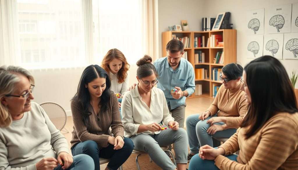 A serene therapy room focused on brain rehabilitation. In the foreground, a diverse group of adults in modest casual clothing is engaged in exercises utilizing colorful brain training tools, such as puzzles and interactive games. They display expressions of concentration and determination. In the middle ground, a therapist assists a participant, guiding them through cognitive tasks, fostering a supportive atmosphere. The background shows shelves filled with books and brain diagrams, promoting a sense of knowledge and growth. Soft, natural lighting pours in through a large window, creating a warm and inviting ambiance. The image conveys a hopeful mood, illustrating the journey of neuroplasticity and overcoming challenges in the brain rewiring process, emphasizing collaboration and encouragement.