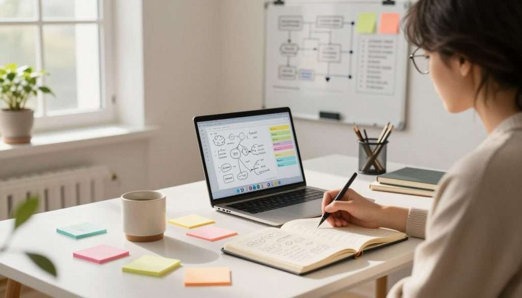A serene workspace designed for productivity, featuring a stylish desk cluttered with colorful sticky notes, a sleek laptop, and an open notebook filled with handwritten ideas. In the foreground, a focused individual in smart casual clothing is engaged in a brain dump session, jotting down thoughts with a pen. The middle ground showcases organized productivity systems—like a whiteboard filled with flowcharts and to-do lists, along with a digital organizer on the laptop screen. The background features a bright window letting in natural sunlight, plants for a calming touch, and a minimalistic design aesthetic that evokes a sense of order and creativity. Soft, warm lighting casts gentle shadows, creating an inviting atmosphere for boosting productivity.