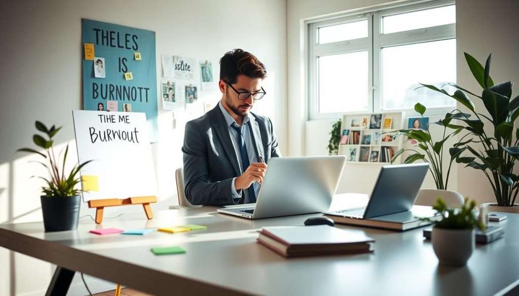 A serene workspace scene illustrating "Beat Burnout Strategies." In the foreground, a stylish desk is organized with colorful sticky notes, a motivational poster on an easel, and a calming potted plant. In the middle, a person dressed in smart casual business attire is engaging with a laptop, jotting down ideas in a notebook, exuding focus and creativity. The background features a large window letting in soft, natural light, casting gentle shadows around the room. A vision board on the wall showcases uplifting images and phrases. The atmosphere is bright, inspiring, and energizing, depicting a harmonious blend of productivity and well-being. Suitable for an article about personal growth techniques.
