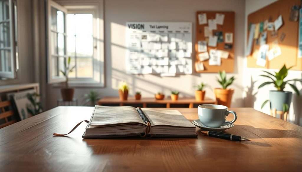 A serene workspace setting, with a large wooden desk in the foreground, neatly arranged with a leather-bound planner, a steaming cup of coffee, and a fountain pen poised for writing. To the left, an open window reveals morning sunlight streaming in, casting gentle shadows across the desk, creating a warm and inviting atmosphere. In the middle ground, a calendar with motivational quotes and doodled goals is affixed to a soft-focus wall, subtly blurred to emphasize the planning theme. In the background, potted plants add a touch of greenery, symbolizing growth, while a corkboard filled with vision boards and inspiration provides depth. The overall mood is focused yet uplifting, embodying the essence of goal-setting rituals that inspire daily success.