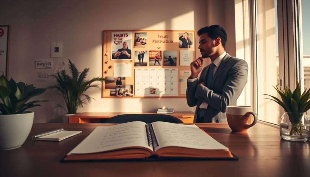 A serene workspace showcasing a motivational environment for habit formation. In the foreground, a well-organized desk features an open notebook with handwritten goals, a steaming cup of coffee, and a potted plant for a touch of nature. In the middle, a wall with a vision board displays inspiring quotes, images, and a calendar marked with habits to track. The background reveals a large window allowing soft, natural light to flood the room, casting gentle shadows that create an inviting atmosphere. A person in professional business attire is seen engaging with the vision board, deep in thought. The mood is uplifting and focused, symbolizing determination and the power of consistent habits in boosting motivation. The overall color palette is warm, enhancing the atmosphere of positivity and growth.