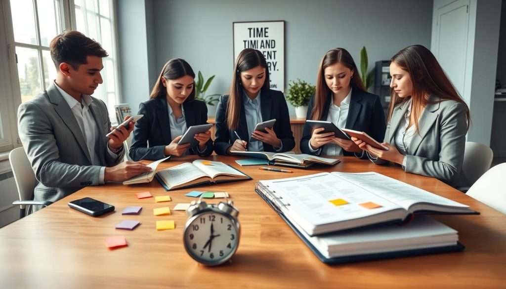 A serene workspace showcasing effective time management techniques for learning. In the foreground, a diverse group of three students, dressed in professional business attire, are actively engaged with planners and digital devices, analyzing their schedules and setting goals. In the middle, a large wooden desk is filled with colorful sticky notes, a clock, and a sophisticated planner open to a page of time-blocking strategies. The background features a bright, minimalist office with soft natural light streaming through large windows, creating an inviting atmosphere. A motivational poster hangs on the wall, subtly depicting concepts of productivity and focus, while houseplants add a touch of greenery. The composition should evoke a sense of focus, organization, and inspiration, highlighting the essence of maximizing learning efficiency.