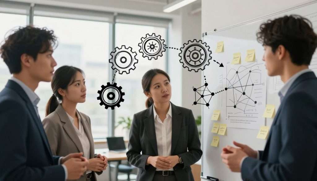 A split image illustrating the two dimensions of metacognition. In the foreground, depict a diverse group of three professionals engaged in collaborative discussion, wearing smart business attire, surrounded by post-it notes and diagrams on a whiteboard symbolizing strategic thinking. In the middle, incorporate abstract representations of thought processes: swirling gears and neural networks, visually connecting the individuals to their cognitive strategies. In the background, illustrate a serene office environment with large windows allowing soft natural light to flood the room, creating a warm and inviting atmosphere. The overall mood should convey an engaging and introspective exploration of learning and self-awareness in thought processes. Use a slightly blurred background to keep the focus on the foreground subjects.