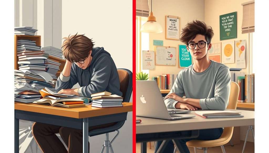 A split-image illustration of a student's transformation, focusing on two contrasting halves. On the left, a disheveled high school student sits at a cluttered desk, surrounded by messy textbooks and crumpled papers, looking frustrated and overwhelmed. On the right, the same student, now confident and determined, is seated at a modern study area filled with organized books, a laptop, and motivational posters. The background features a bright and inviting room with warm natural lighting coming from a nearby window, enhancing the optimistic atmosphere. Capture the student's body language, shifting from slouched and defeated to upright and engaged, conveying a journey of growth and passion for learning. Use a dynamic angle that emphasizes this transformation, creating a mood of inspiration and hope.