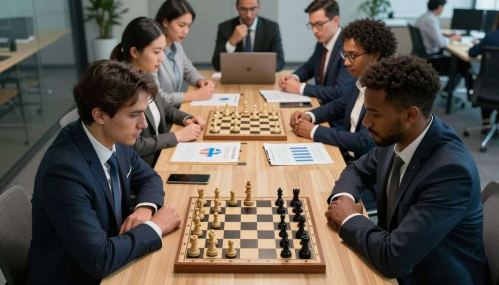 A split scene illustrating zero-sum and non-zero-sum games in a strategic context. In the foreground, two business professionals in smart attire engage in a tense chess match, representing zero-sum dynamics, with a dark, moody atmosphere focused on their serious expressions. In the middle, a vibrant negotiation table filled with charts, graphs, and agreements symbolizes non-zero-sum opportunities, showcasing collaboration and mutual benefit among diverse individuals of different ethnicities. The background features contrasting settings: a chessboard landscape on one side and a bustling office space on the other, emphasizing strategic choices and collaboration. Soft lighting illuminates the chess game while the negotiation is brightly lit and dynamic, creating an engaging interplay of competition and cooperation through a bird’s-eye view perspective.