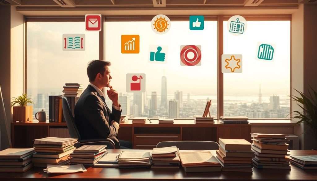 A thought-provoking scene depicting various cognitive biases as visual metaphors in a clear, organized manner. In the foreground, an individual in professional business attire, sitting at a wooden desk cluttered with books and notes, appears deep in thought. The middle ground features floating icons representing biases such as confirmation bias, anchoring, and the Dunning-Kruger effect, rendered as colorful, abstract shapes and symbols. In the background, a softly lit, modern office with large windows reveals a tranquil cityscape, symbolizing clarity and insight. The lighting is warm and inviting, casting gentle shadows that enhance the focus on the individual and their contemplations. The overall atmosphere conveys a sense of enlightenment and the journey towards overcoming mental barriers to advanced cognitive skills. A thought-provoking scene depicting various cognitive biases as visual metaphors in a clear, organized manner. In the foreground, an individual in professional business attire, sitting at a wooden desk cluttered with books and notes, appears deep in thought. The middle ground features floating icons representing biases such as confirmation bias, anchoring, and the Dunning-Kruger effect, rendered as colorful, abstract shapes and symbols. In the background, a softly lit, modern office with large windows reveals a tranquil cityscape, symbolizing clarity and insight. The lighting is warm and inviting, casting gentle shadows that enhance the focus on the individual and their contemplations. The overall atmosphere conveys a sense of enlightenment and the journey towards overcoming mental barriers to advanced cognitive skills.