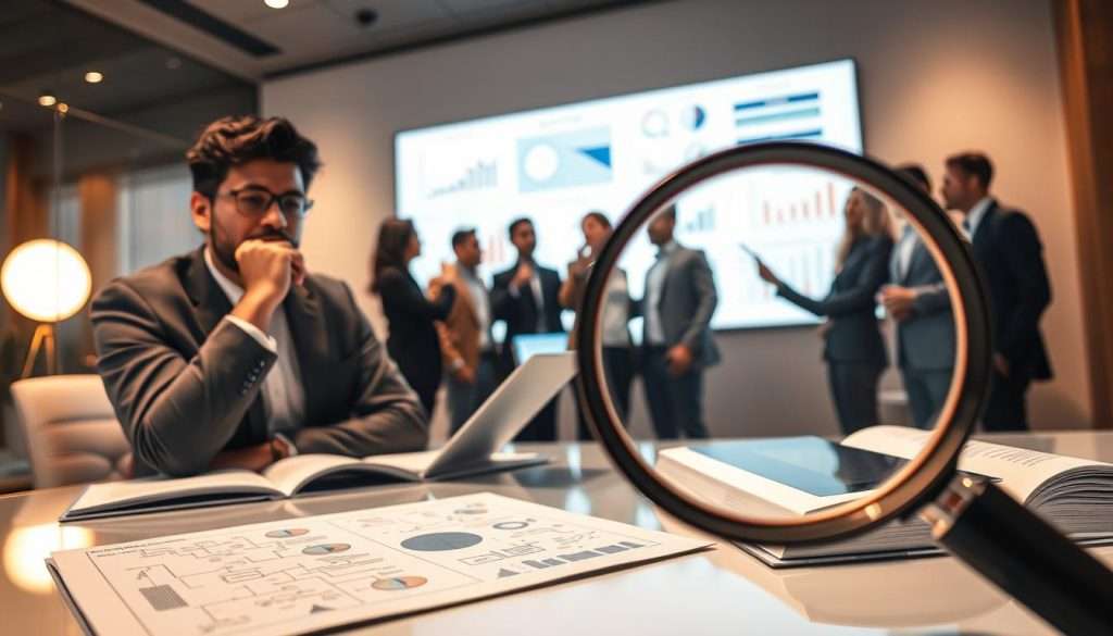 A thoughtful individual sits at a sleek, modern desk, surrounded by open books and digital tablets displaying complex diagrams and analytics. In the foreground, a magnifying glass hovers over a detailed flowchart, symbolizing the breakdown of intricate problems. The middle ground features a diverse group of professionals in business attire, engaged in deep discussion, pointing at various data visuals shown on a large screen behind them. The background is softly illuminated with warm light, creating a focused yet inviting atmosphere, emphasizing the collaboration and exploration of ideas. The angle captures the scene from a slight elevation, giving a sense of depth and engagement. The overall mood is one of intellectual curiosity and determination, embodying the essence of analytical reasoning. A thoughtful individual sits at a sleek, modern desk, surrounded by open books and digital tablets displaying complex diagrams and analytics. In the foreground, a magnifying glass hovers over a detailed flowchart, symbolizing the breakdown of intricate problems. The middle ground features a diverse group of professionals in business attire, engaged in deep discussion, pointing at various data visuals shown on a large screen behind them. The background is softly illuminated with warm light, creating a focused yet inviting atmosphere, emphasizing the collaboration and exploration of ideas. The angle captures the scene from a slight elevation, giving a sense of depth and engagement. The overall mood is one of intellectual curiosity and determination, embodying the essence of analytical reasoning.