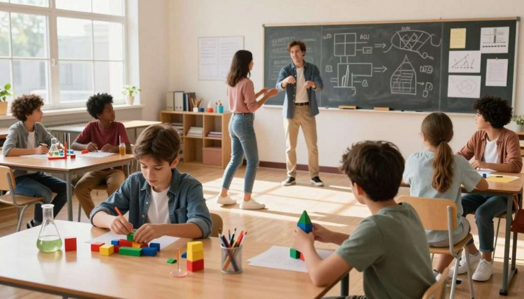 A vibrant and dynamic classroom scene depicting kinesthetic learning techniques. In the foreground, a diverse group of students, dressed in modest casual clothing, engage in hands-on activities: one student experiments with a science kit, while another uses colorful building blocks to illustrate a concept. In the middle, a teacher demonstrates an interactive game that involves movement and collaboration, fostering creativity and engagement. The background features a chalkboard filled with diagrams and art supplies scattered around, contributing to an energetic atmosphere. Natural sunlight streams through large windows, casting soft shadows and creating an inviting, warm mood, captured with a slight wide-angle lens perspective to emphasize the interactive environment. The scene evokes enthusiasm, creativity, and a sense of active participation in learning.