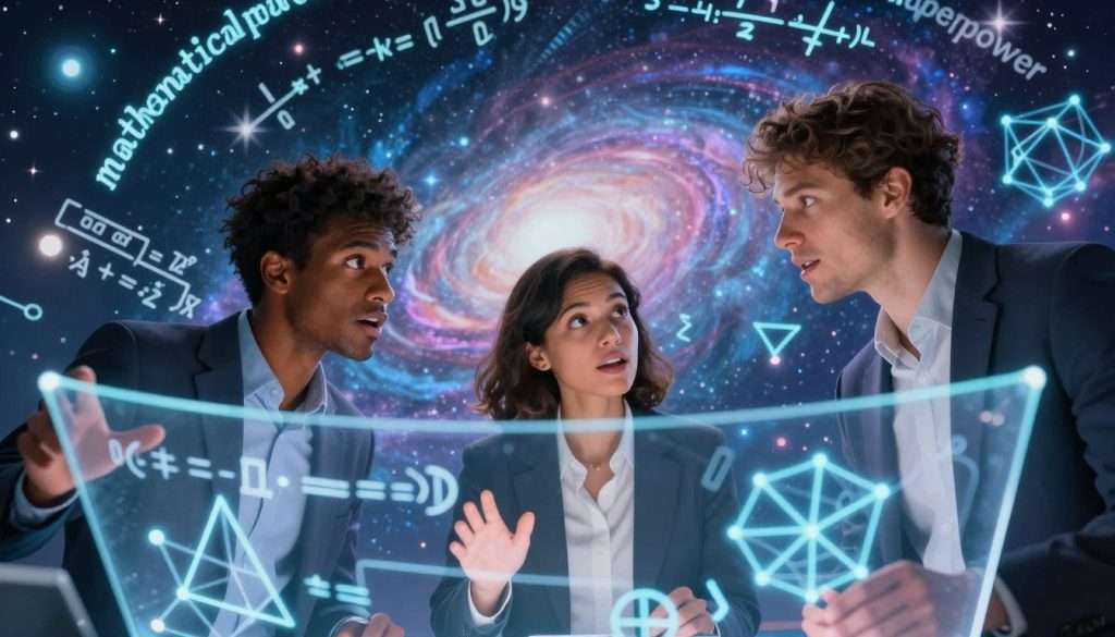 A vibrant and dynamic illustration symbolizing the concept of "mathematical superpower." In the foreground, a diverse group of three individuals, two men and one woman, dressed in professional attire, are engaged in a lively discussion over a large, transparent screen filled with glowing mathematical equations and geometric shapes. They are immersed in their conversation, their expressions reflecting enthusiasm and curiosity. In the middle ground, a swirling background features a cosmic expanse with stars and galaxies, symbolizing the universe’s connection to mathematics. Soft, ethereal lighting emanates from the equations, adding a magical ambiance to the scene. The overall mood is empowering and inspiring, emphasizing that anyone can develop mathematical abilities. Shot from a slight low angle to convey strength and potential, with a clear focus on the faces and expressions of the individuals.