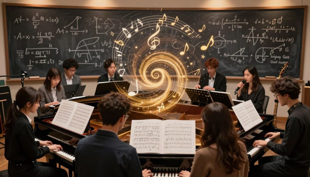 A vibrant and dynamic scene depicting the intersection of mathematics and music composition. In the foreground, a diverse group of musicians sits at a grand piano and various instruments, deeply focused on their sheets of music, smattered with mathematical equations and symbols. In the middle, swirling musical notes entwine with geometric shapes like fractals and golden spirals, illuminated by warm, soft lighting. The background features a serene atmosphere: a chalkboard filled with complex mathematical formulas, softly glowing under subtle spotlights, creating a sense of inspiration and creativity. The overall mood is one of collaboration and intellectual exploration, blending art with analytical thinking, captured from a slightly elevated angle to convey depth and movement.