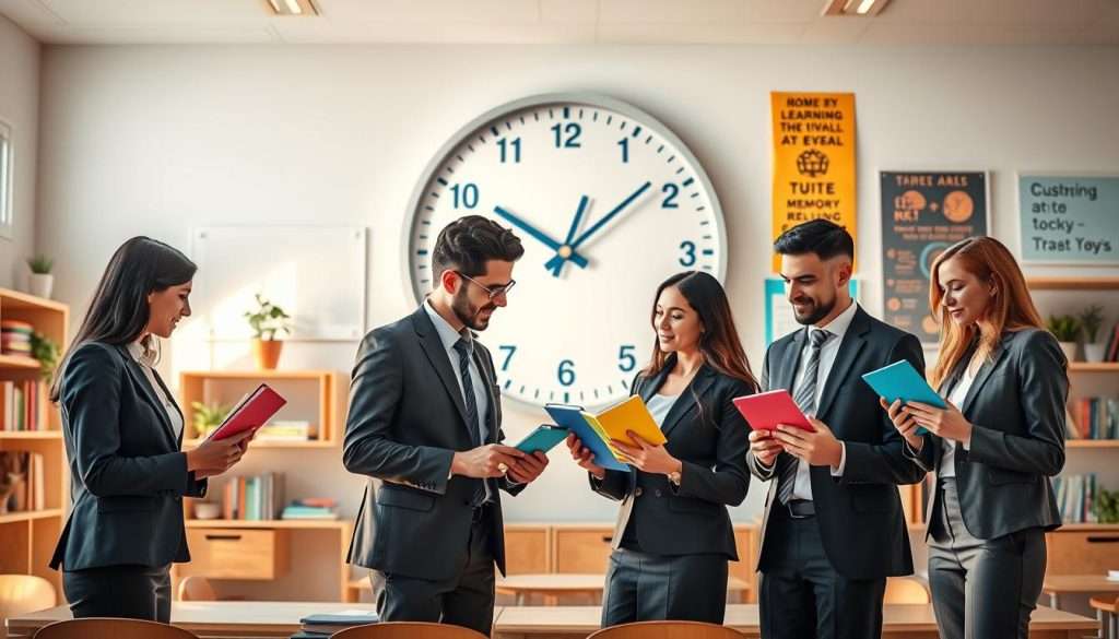 A vibrant and engaging illustration of the spaced repetition technique in the context of memory enhancement. In the foreground, a diverse group of four individuals, dressed in professional business attire, are interacting with colorful flashcards and digital devices, showcasing their study materials. In the middle ground, a large wall clock symbolizes the concept of timing, with its hands indicating intervals between study sessions. The background features a soft, modern classroom environment with shelves of books, plants, and motivational posters related to learning and memory. The lighting is warm and inviting, with a focus on natural light streaming through a large window, creating an inspiring and focused atmosphere that conveys the importance of strategic learning. A vibrant and engaging illustration of the spaced repetition technique in the context of memory enhancement. In the foreground, a diverse group of four individuals, dressed in professional business attire, are interacting with colorful flashcards and digital devices, showcasing their study materials. In the middle ground, a large wall clock symbolizes the concept of timing, with its hands indicating intervals between study sessions. The background features a soft, modern classroom environment with shelves of books, plants, and motivational posters related to learning and memory. The lighting is warm and inviting, with a focus on natural light streaming through a large window, creating an inspiring and focused atmosphere that conveys the importance of strategic learning.