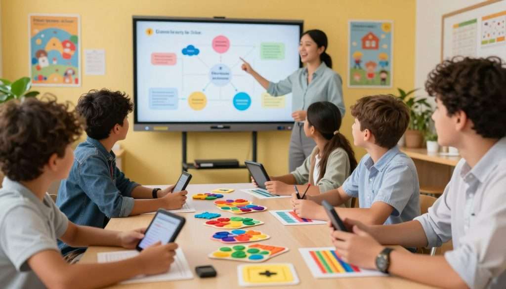 A vibrant and engaging scene depicting multisensory learning techniques in a modern classroom setting. In the foreground, a diverse group of students actively engages with colorful tactile materials, such as textured flashcards and interactive gadgets. They are dressed in professional casual attire, showcasing a mix of focused and joyful expressions. In the middle ground, a teacher gestures animatedly, using a large digital whiteboard filled with vivid diagrams and infographics that illustrate various learning methods. The background features bright educational posters and plants, creating an inviting atmosphere. Soft, warm lighting enhances the scene, suggesting a harmonious and stimulating environment. The camera angle is slightly elevated, capturing the dynamic interactions and the vibrant energy of collaborative learning. The overall mood is inspiring and energetic, emphasizing the excitement of discovery through multisensory experiences.