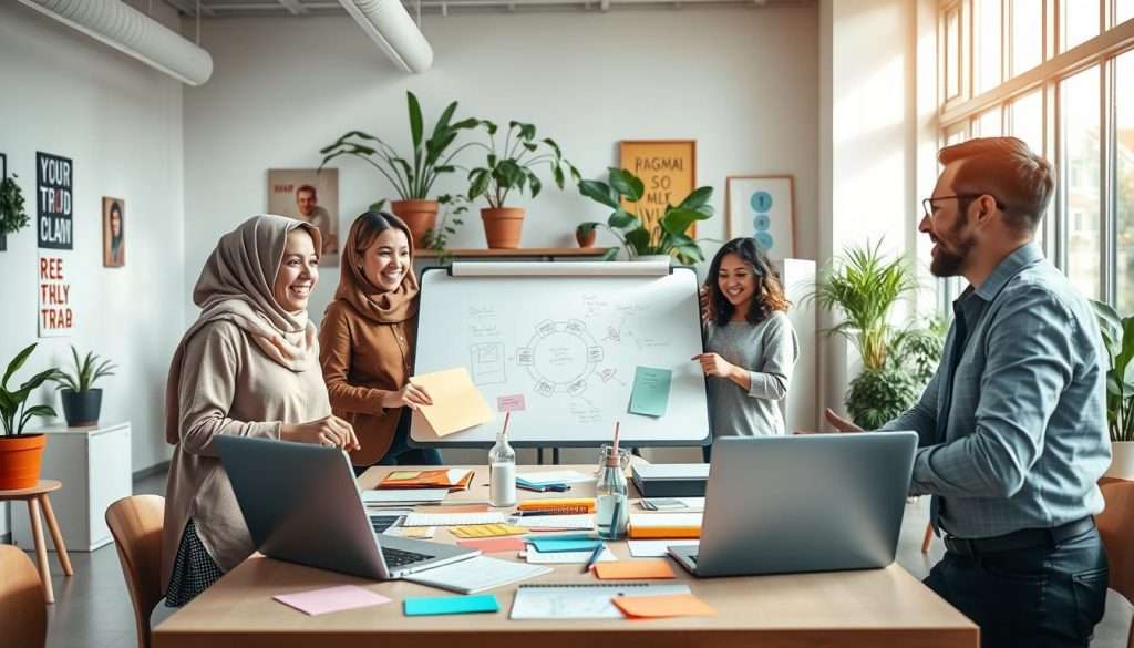 A vibrant and engaging study environment depicting immersive learning activities in a collaborative setting. In the foreground, a diverse group of three enthusiastic students—two women in modest casual attire and one man in business casual—are gathered around a large table filled with colorful notes, laptops, and interactive learning materials. In the middle, a whiteboard showcases diagrams and ideas, and one student is presenting while the others listen intently. The background features a bright, well-lit classroom with plants and motivational posters on the walls, creating an inviting atmosphere. Soft, natural light streams in through large windows, highlighting the energy and excitement in the room. The overall mood is lively and inspiring, emphasizing teamwork and the joy of learning together. A vibrant and engaging study environment depicting immersive learning activities in a collaborative setting. In the foreground, a diverse group of three enthusiastic students—two women in modest casual attire and one man in business casual—are gathered around a large table filled with colorful notes, laptops, and interactive learning materials. In the middle, a whiteboard showcases diagrams and ideas, and one student is presenting while the others listen intently. The background features a bright, well-lit classroom with plants and motivational posters on the walls, creating an inviting atmosphere. Soft, natural light streams in through large windows, highlighting the energy and excitement in the room. The overall mood is lively and inspiring, emphasizing teamwork and the joy of learning together.