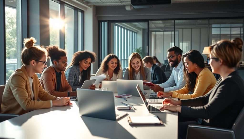 A vibrant and inclusive scene depicting a diverse group of professionals engaged in collaborative learning and knowledge sharing. In the foreground, a mixed group of individuals—different ethnicities and genders—are seated around a modern conference table, actively discussing and exchanging ideas. In the middle ground, some participants are utilizing laptops and tablets, while others take notes, creating a dynamic learning environment. The background showcases a contemporary office space with large windows allowing natural light to fill the room, enhancing the warm and inviting atmosphere. Soft shadows create depth, and a lens flare from the sunlight adds an ethereal touch. The overall mood is energetic and inspiring, reflecting a strong sense of community and shared knowledge, ideal for fostering power learning strategies.