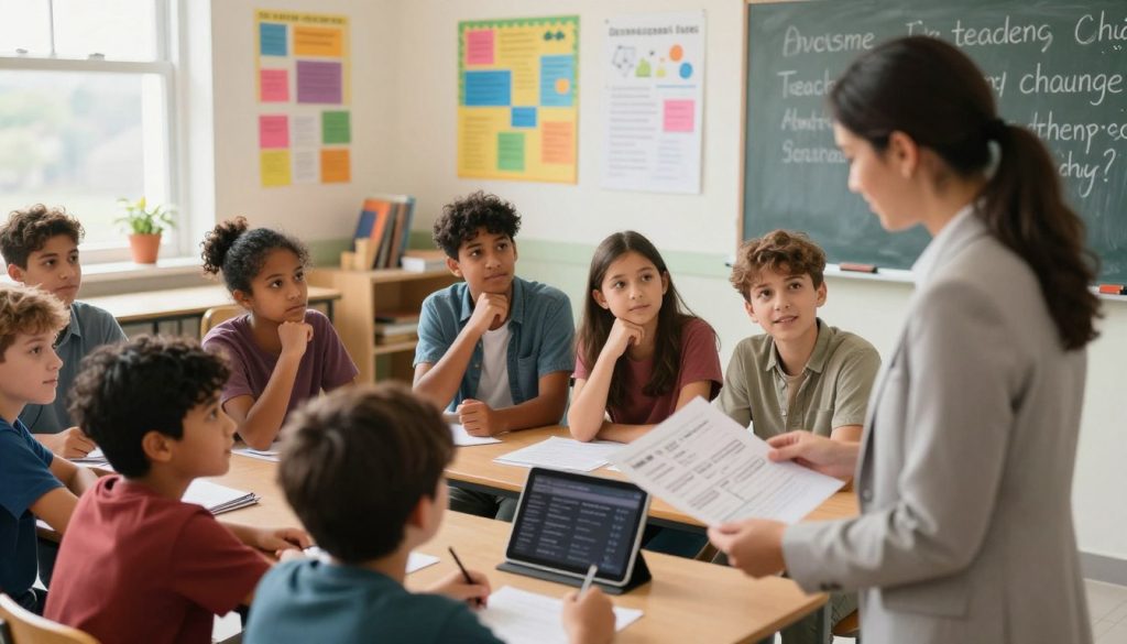 A vibrant classroom scene filled with diverse students and a passionate teacher. In the foreground, a teacher in professional attire is engaging with students, using interactive materials like charts and tablets. The middle section features students of different ethnicities collaborating in small groups, visibly deep in thought and discussion, illustrating teamwork and support. In the background, there are colorful educational posters on the walls and a chalkboard filled with strategies for overcoming teaching challenges. Soft, natural lighting streams in from a window, creating a warm and inviting atmosphere. The angle captures a dynamic view that showcases both the teacher's enthusiasm and the students’ engagement, conveying a mood of motivation and empowerment in the learning environment.