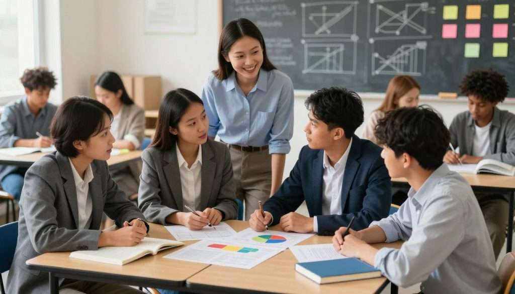 A vibrant classroom scene filled with diverse students of varying ethnicities, engaged in collaborative learning activities. In the foreground, a group of four students, wearing professional business attire, are enthusiastically discussing a complex project, surrounded by colorful charts and books. In the middle ground, a teacher facilitates the discussion, smiling and encouraging participation, while additional students work together at tables, sharing ideas. The background features a blackboard filled with diagrams and colorful sticky notes, enhancing the atmosphere of creativity. Warm, soft lighting illuminates the room, creating an inviting and energetic environment. The image should evoke a sense of curiosity and teamwork, showcasing the transformation of traditional education into a dynamic, collaborative experience.