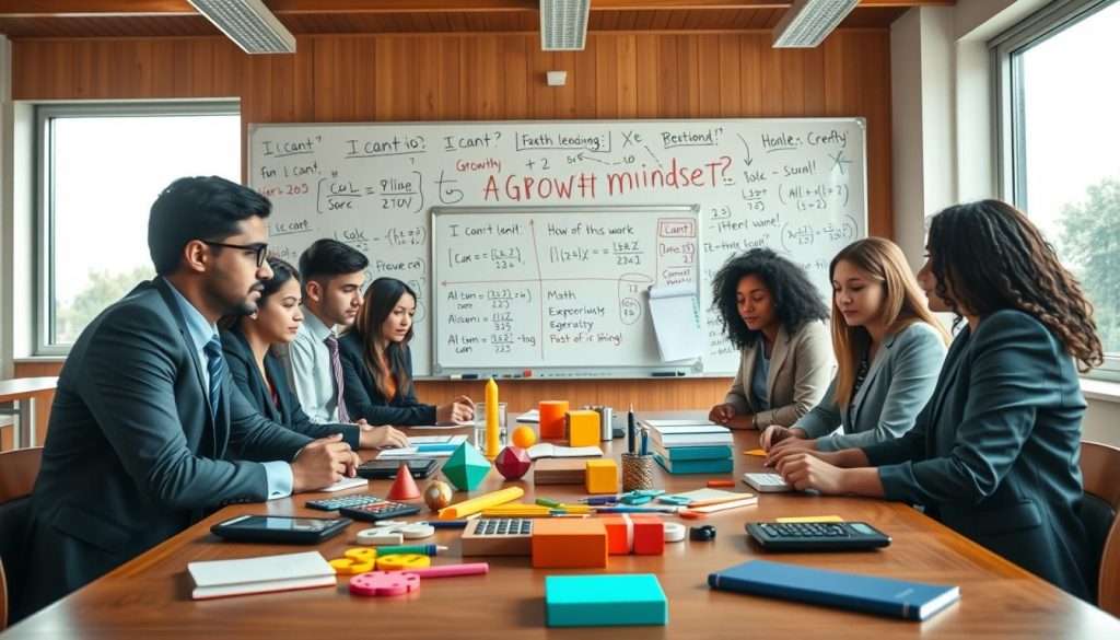 A vibrant classroom setting captures the essence of a growth mindset in mathematics. In the foreground, a diverse group of students, dressed in professional business attire, engages in collaborative problem-solving around a large wooden table filled with colorful math tools like geometric shapes and calculators. The middle layer features a whiteboard filled with equations, diagrams, and motivational phrases, highlighting the transformation from "I can't" to "How does this work?" The background shows bright, natural light streaming through large windows illuminating the space, promoting an inspiring and encouraging atmosphere. A subtle lens blur enhances the focus on the students' expressions of curiosity and determination, fostering a mood of collaboration and enthusiasm for learning. A vibrant classroom setting captures the essence of a growth mindset in mathematics. In the foreground, a diverse group of students, dressed in professional business attire, engages in collaborative problem-solving around a large wooden table filled with colorful math tools like geometric shapes and calculators. The middle layer features a whiteboard filled with equations, diagrams, and motivational phrases, highlighting the transformation from "I can't" to "How does this work?" The background shows bright, natural light streaming through large windows illuminating the space, promoting an inspiring and encouraging atmosphere. A subtle lens blur enhances the focus on the students' expressions of curiosity and determination, fostering a mood of collaboration and enthusiasm for learning.