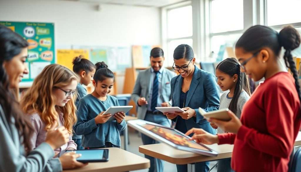 A vibrant, dynamic classroom scene illustrating a personalized learning experience. In the foreground, a diverse group of students—both genders and various ethnicities—engaged with interactive digital tablets, showcasing individualized learning pathways. One student looks excited while another focuses intently, indicating various personalized approaches. In the middle ground, a teacher, dressed in professional business attire, circulates among the students, facilitating discussions and providing tailored support. The background features a modern learning environment with bright, colorful educational posters, an array of books, and several technology stations. Soft, natural lighting from large windows creates an inviting atmosphere, enhancing the sense of collaboration and innovation. The overall mood is optimistic and inspiring, reflecting the transformative potential of personalized education.