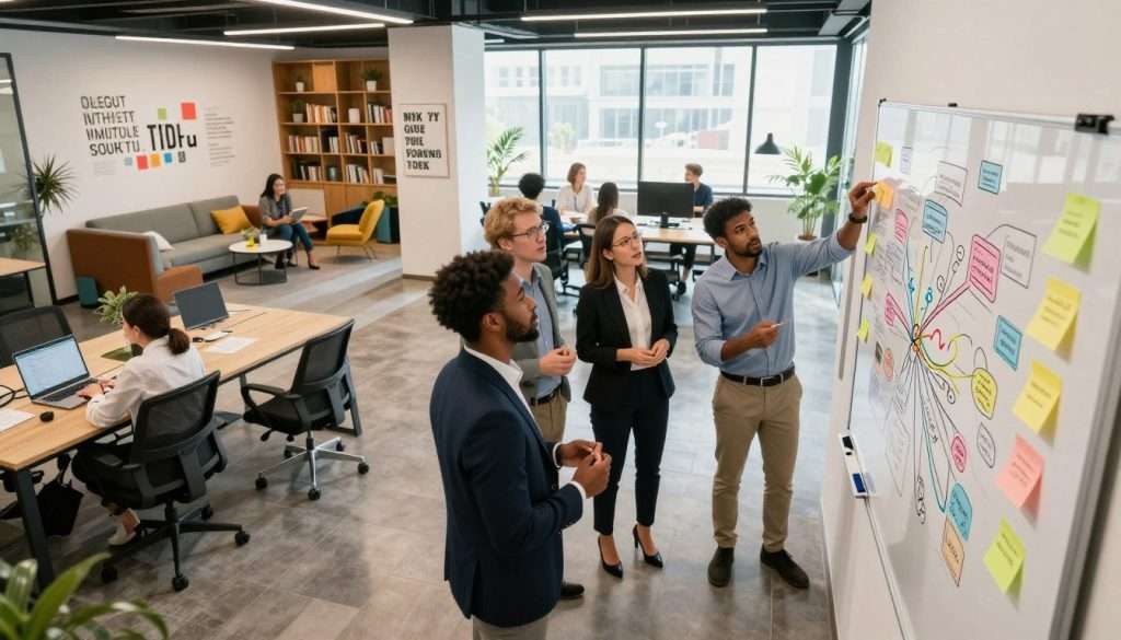 A vibrant, dynamic office environment showcasing diverse professionals engaged in creative brainstorming sessions. In the foreground, a diverse group of four individuals in professional business attire passionately discussing ideas around a large whiteboard filled with colorful mind maps and sticky notes. The middle layer features an open office layout with modern furnishings, creative decor elements like inspirational quotes on the walls, and large windows allowing natural light to flood the space. In the background, a cozy lounge area with bookshelves and comfortable seating encourages collaboration. The atmosphere is energetic and collaborative, capturing the spirit of innovative thinking. Use bright, motivating lighting, with a slightly wide-angle perspective to emphasize the collaborative effort and openness to new ideas.