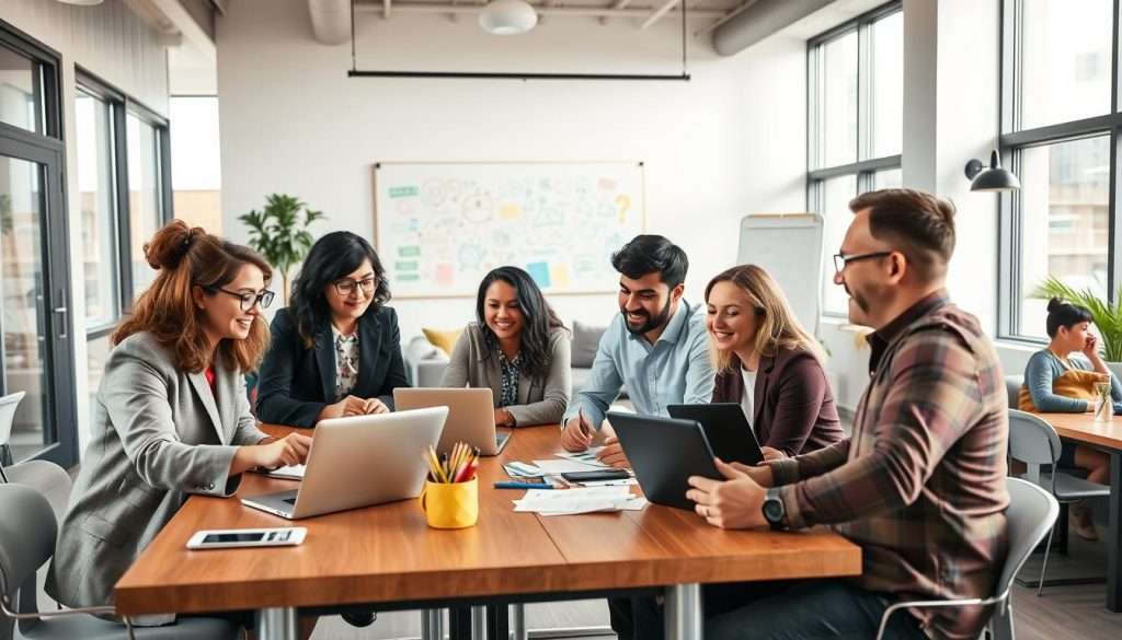 A vibrant, dynamic scene of diverse professionals engaged in collaborative learning within a well-lit, modern coworking space. In the foreground, a group of four individuals—two women and two men—are gathered around a large table, actively discussing ideas and sharing resources from laptops and tablets. One woman with glasses, wearing a smart blazer, points at a laptop screen, while another man with a casual shirt takes notes. In the middle ground, a whiteboard filled with colorful diagrams and notes illustrates brainstorming ideas, and a comfortable seating area with couches encourages informal discussions. In the background, large windows allow natural light to flood the space, enhancing a sense of openness and teamwork. The atmosphere is warm, encouraging, and focused, highlighting the essence of social learning and collaborative knowledge building.