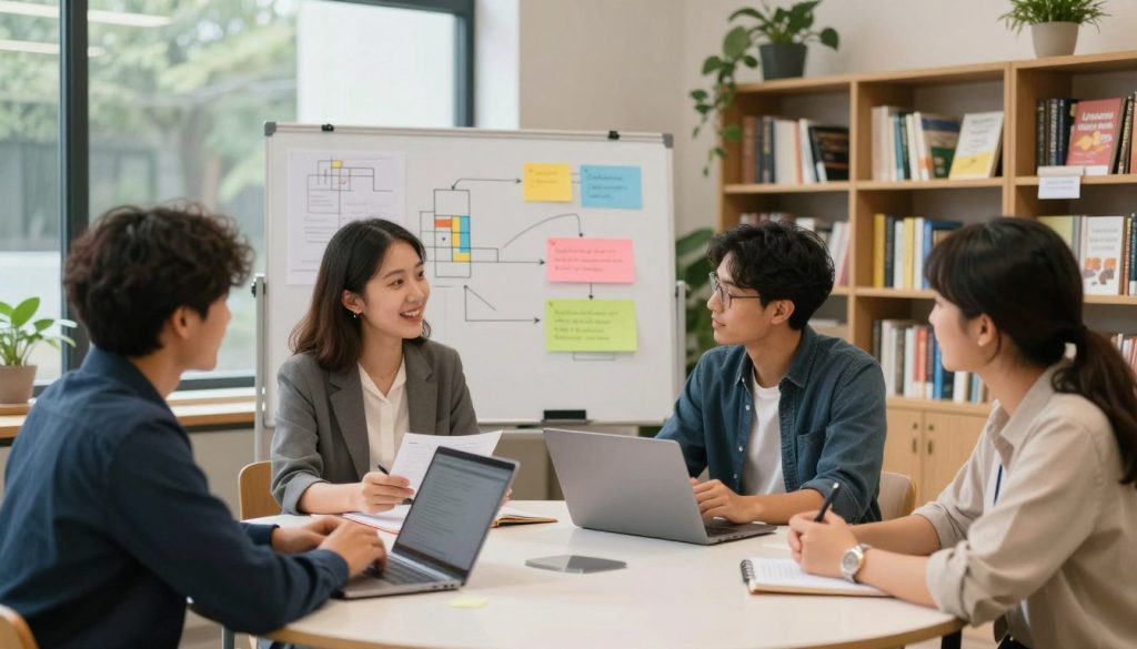 A vibrant learning community in an inviting indoor setting, featuring diverse individuals engaged in collaborative discussions around a large round table. In the foreground, a young woman in professional attire is enthusiastically sharing notes, while two men beside her, one using a laptop and another with a notepad, are actively participating. In the middle of the composition, a large whiteboard displays colorful charts and ideas, symbolizing brainstorming and knowledge exchange. The background shows bookshelves filled with educational resources and plants adding warmth to the atmosphere. Soft, natural lighting filters through large windows, creating an encouraging and dynamic ambiance. The scene conveys a sense of community, connection, and the joy of shared learning experiences.