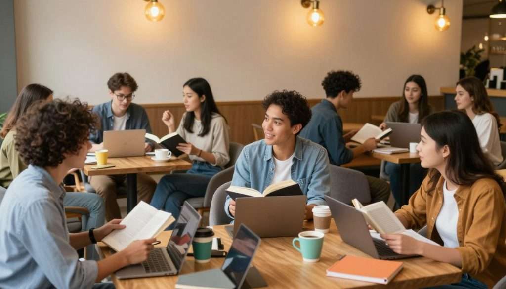 A vibrant, lively study session scene set in a cozy, well-lit coffee shop. In the foreground, a diverse group of young adults, dressed in smart casual clothing, are engaged in animated discussions over textbooks and laptops. They are surrounded by colorful coffee cups and notepads, creating an inviting, collaborative atmosphere. In the middle, the furniture includes warm wooden tables and plush chairs, fostering a sense of comfort and connection. In the background, soft lighting casts a golden glow from stylish pendant lights, encouraging a relaxed yet productive vibe. The mood is energetic and joyful, reflecting the spirit of social learning as these learners share ideas and motivate each other to succeed.